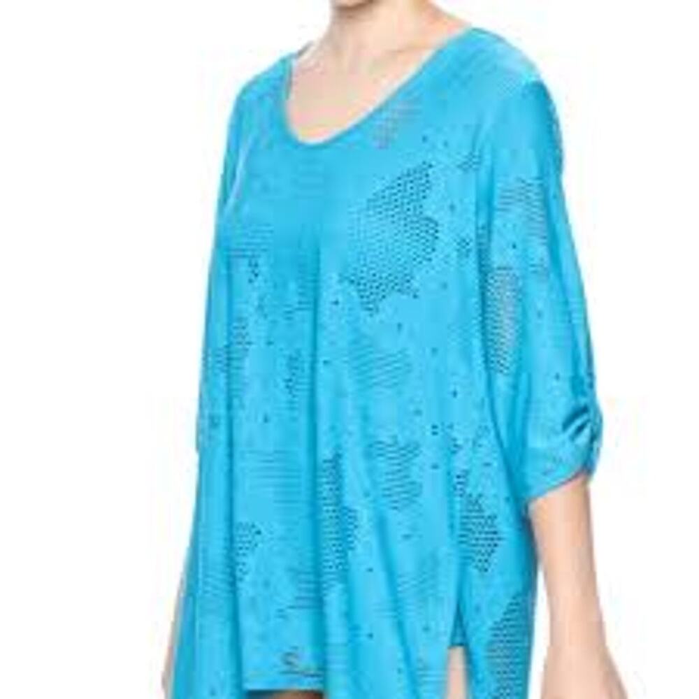 Clara Sun Woo Womens Top Tunic Medium Blue Stretch Eyelet Floral Short Sleeve